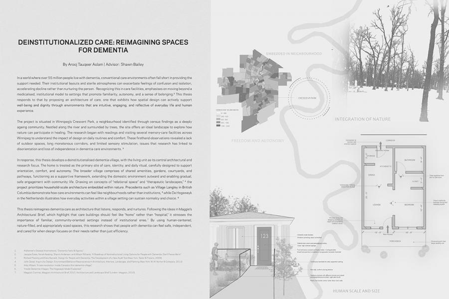 Architectural presentation titled "Deinstitutionalized Care: Reimagining Spaces for Dementia." It includes a written explanation, a color-coded neighborhood map, a barren forest image, floor plan, and a house illustration.