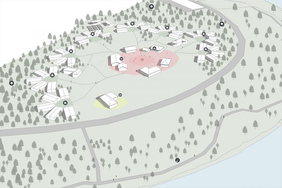 Illustrated site map of a community with scattered buildings among trees. A central area is highlighted in red, with pathways connecting structures. A road encircles the site.