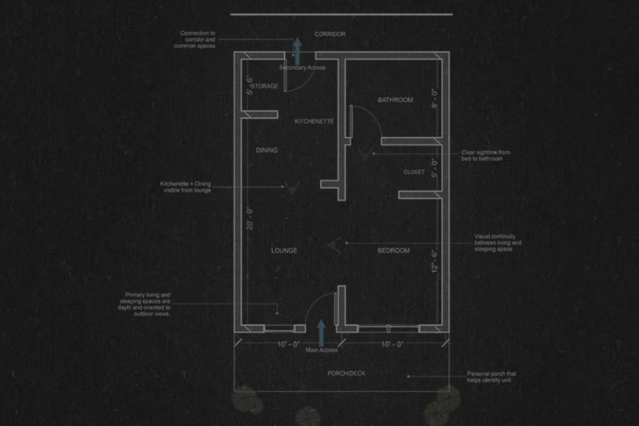Floor plan of a one-bedroom unit with labeled areas: bedroom, lounge, dining, kitchenette, bathroom, storage, and porch. Clear access and sightlines noted.