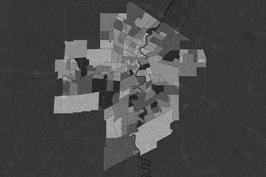 Map of Winnipeg with varying shades of gray to denote different areas. A river runs through the city, and green dots mark specific locations.