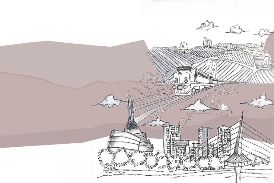 Illustration of a train moving through hilly fields towards a city skyline. Tall modern buildings and architectural landmarks are seen under a cloudy sky.