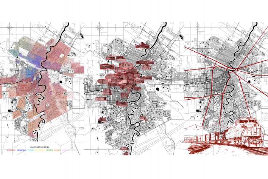 An urban planning map with three sections: left showing colorful zoning areas, center highlighting buildings in red, and right featuring a train and radial lines.