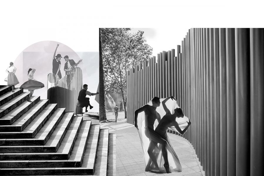 A dynamic urban scene blends dance and architecture. Silhouetted dancers pose gracefully along a modern facade with geometric patterns. Steps and trees add depth.