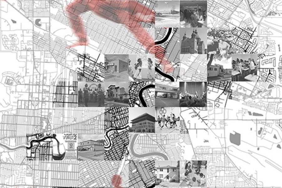 A collage featuring a city map overlaid with semi-transparent images of people in motion and historical photos. The scene conveys dynamic movement and a connection to the past.