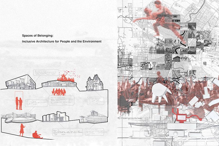 Architectural illustration combines building sketches and city maps with red figures and elements, conveying community interaction and urban design integration.