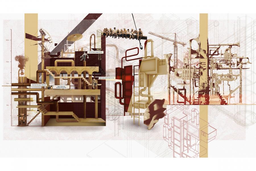 Abstract architectural collage depicting an industrial scene. It features layered structures, complex machinery, and seated workers. The tone is intricate and conceptual.