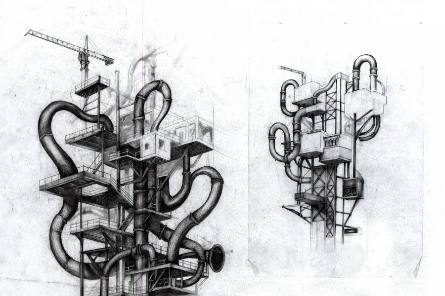 Graphite sketch of complex industrial structures with intertwining tubes and platforms, featuring a crane, evoking a surreal, architectural theme.