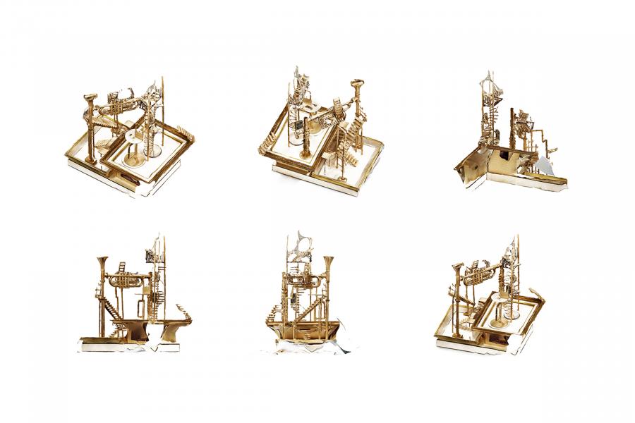 Six intricate, miniature brass sculptures on white background. Each design features abstract, geometric forms with stairs, towers, and railings, evoking a complex, architectural aesthetic.