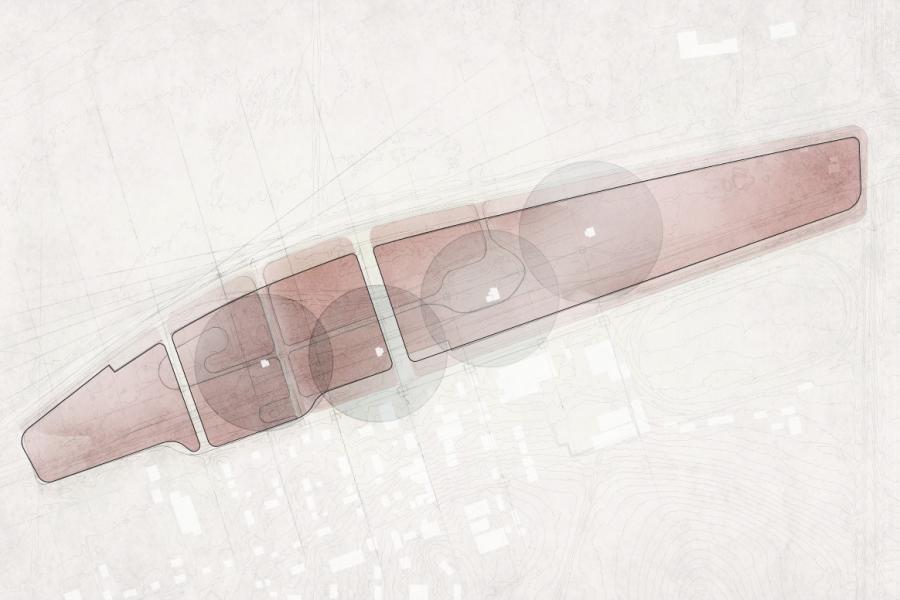 Architectural site plan with four elongated, shaded sections in pink, intersected by circular overlays. Soft, neutral background suggests a landscape.