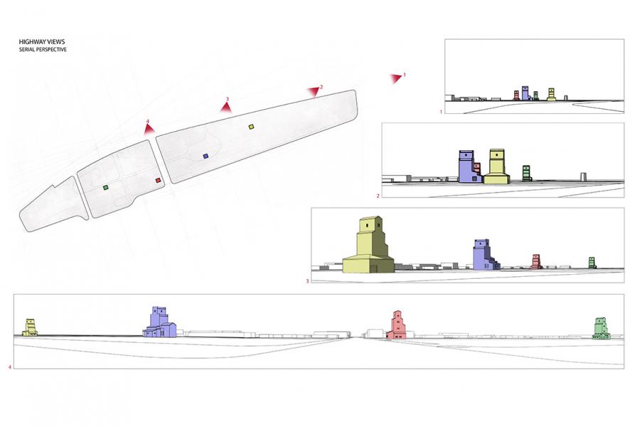 Architectural diagram showing a stylized map with color-coded buildings. Four side views display varied structure heights along a highway.