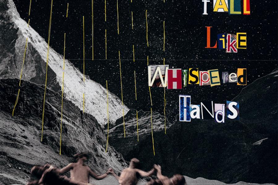 A surreal collage of women in gowns dancing in a circle on a mountainous landscape under a starry sky. Text reads, "Let light fall like whispered hands."