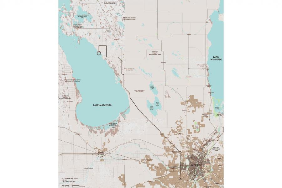 Map showing Southern Manitoba with Lake Manitoba and Lake Winnipeg. A route connects Winnipeg to Lake Manitoba. Urban and rural areas are marked.