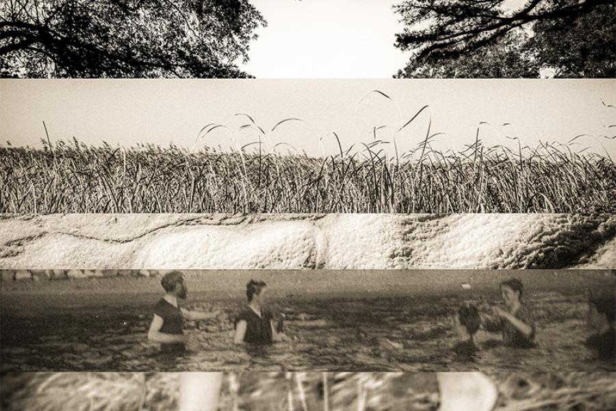 A collage of vintage sepia-toned strips: clouds, people socializing, trees, a wheat field, rough terrain, people swimming, bare feet, and rippling water.