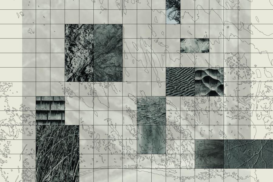 Grid-like collage of abstract textures with nature-themed images, featuring grass, waves, and sand. Monochrome tones create a tranquil, complex pattern.
