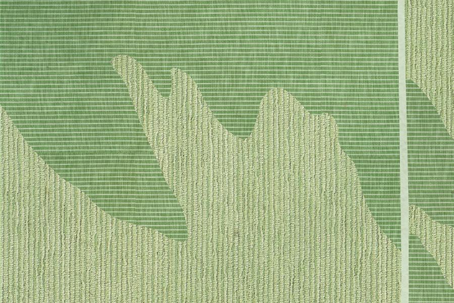 Abstract artwork of two birds with red markings flying against a textured background of light and dark green. The scene conveys tranquility.