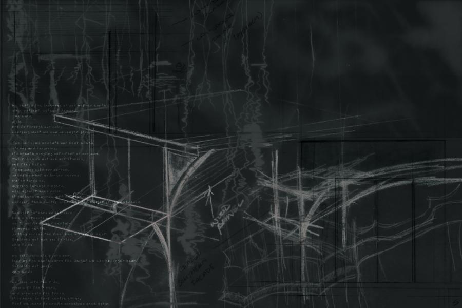 A dark abstract image featuring faint architectural sketches in white chalk on a charcoal background. Text and scribbles create a mysterious, complex tone.