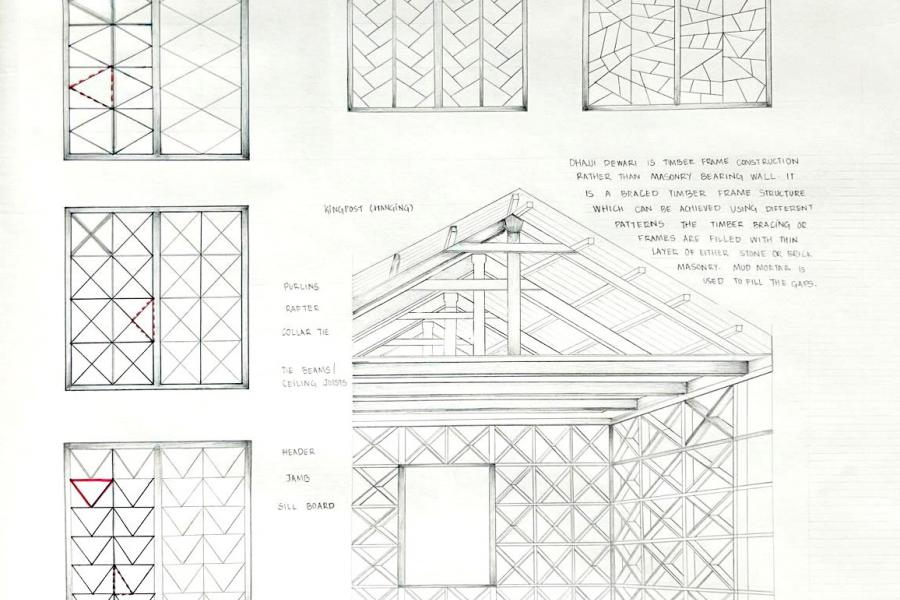 Technical architectural drawings showcasing timber frame construction, detailing patterns, bracing structures, and annotations explaining design elements.