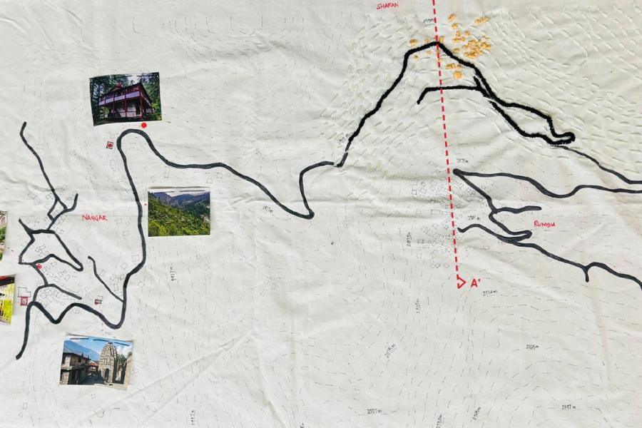 Hand-drawn map with black routes connecting photos of buildings among labeled areas: Naggar, Rumsa, Siahlan. Tone is exploratory and informative.