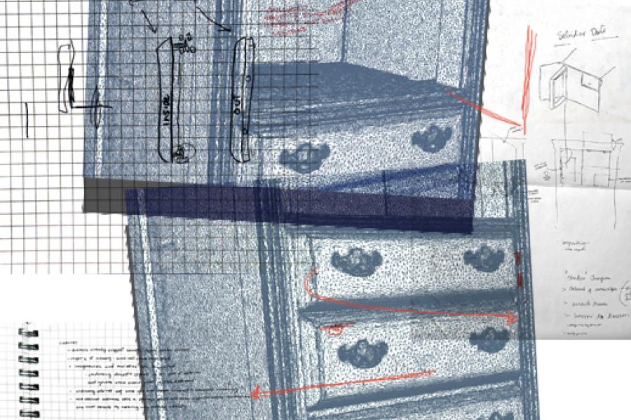 Blue sketch of a vintage dresser overlays grid paper with technical drawings. Red annotations highlight features, creating a creative design blueprint feel.