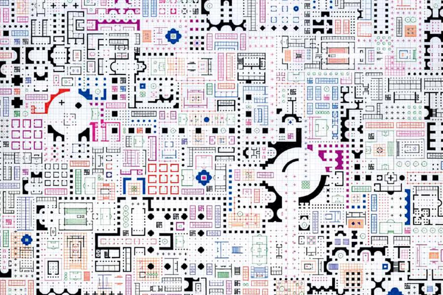 Abstract geometric artwork with a complex maze of colorful squares, circles, and lines on a white grid. The design is intricate, playful, and dynamic.