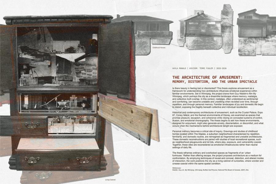 A collage titled "The Architecture of Amusement: Memory, Distortion, and the Urban Spectacle" shows a wooden cabinet filled with miniature architectural models. Text on the right discusses amusement architecture, exploring themes of memory and spectacle. The tone is contemplative and analytical.