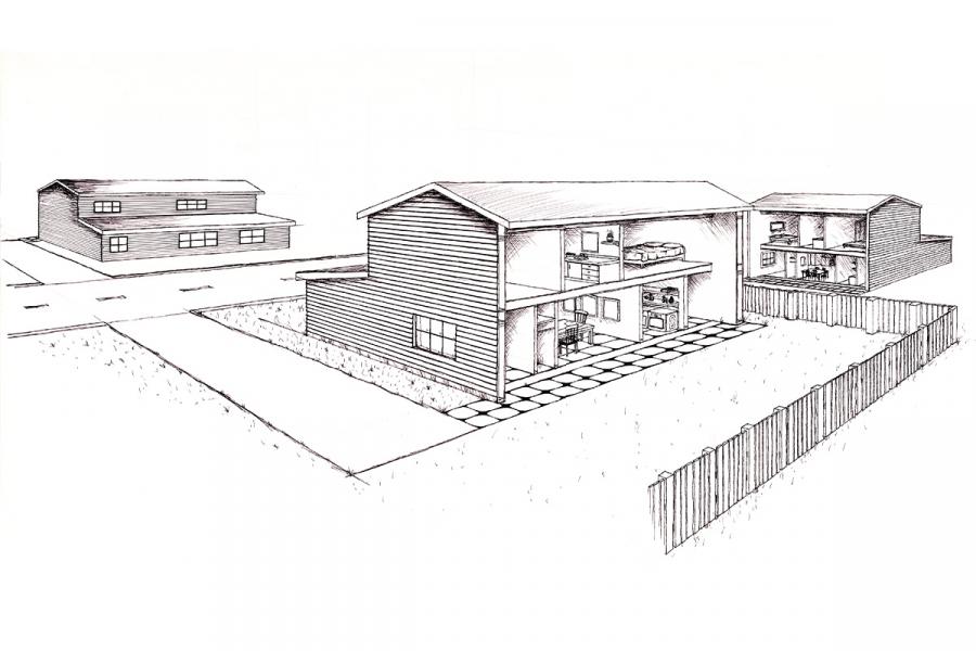 Illustration of a cutaway view of three houses with visible interior details, showing rooms and furniture. Fenced yard suggests a suburban setting.