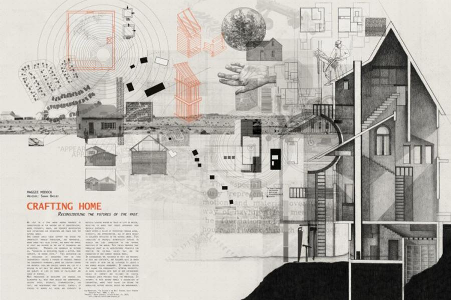 Architectural collage titled "Crafting Home" featuring intricate house cross-section, geometric shapes, and historical elements, conveying innovation and nostalgia.