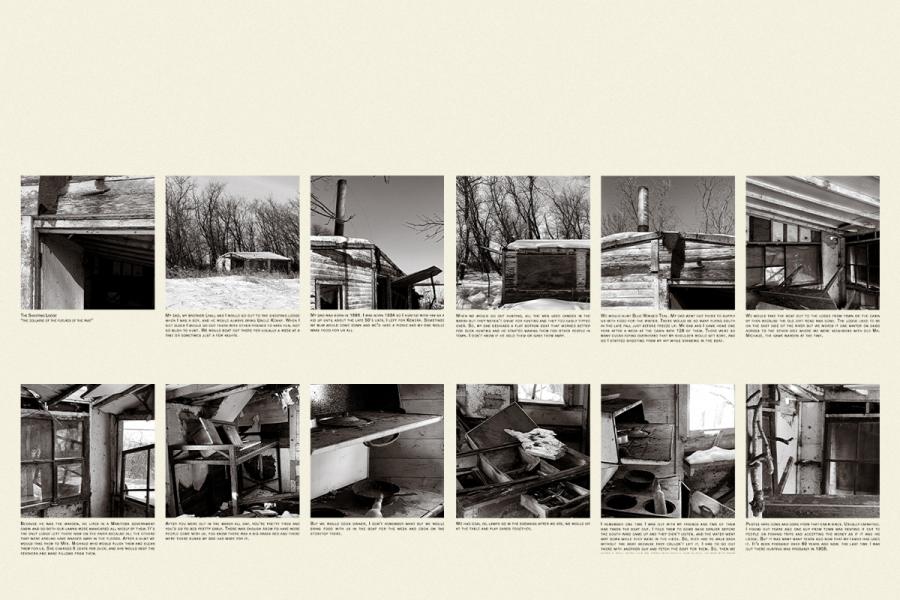 A series of black-and-white images depict an abandoned, rustic cabin and its decaying interior. The atmosphere is eerie and nostalgic, enhanced by text.