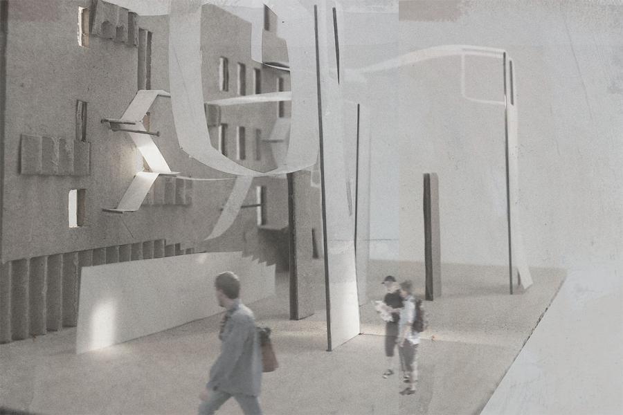 Abstract architectural scene with curved, white structures and angular gray buildings. Two figures walk in the foreground, adding scale and movement.