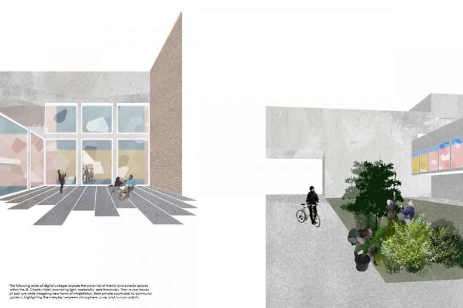 Digital collage featuring a building with large windows and geometric designs on the left, and people interacting near greenery and a cyclist on the right.