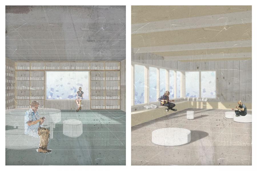 Two architectural sketches of a modern, minimalist room. The left shows a person reading amid bookshelves; the right features people sitting near large windows.