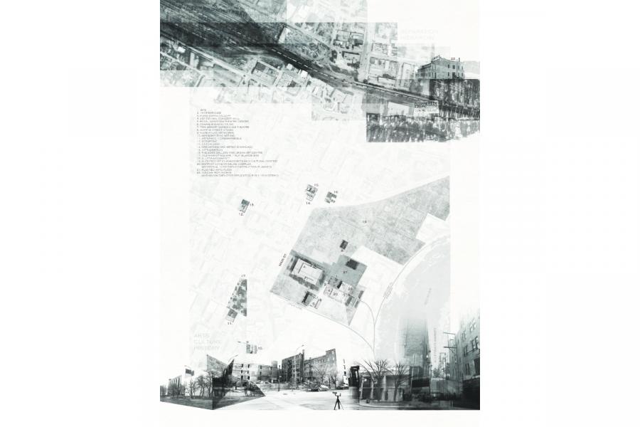 Abstract collage with overlapping aerial maps and cityscape photos. A person stands in an urban street, conveying a sense of complexity and urban life.