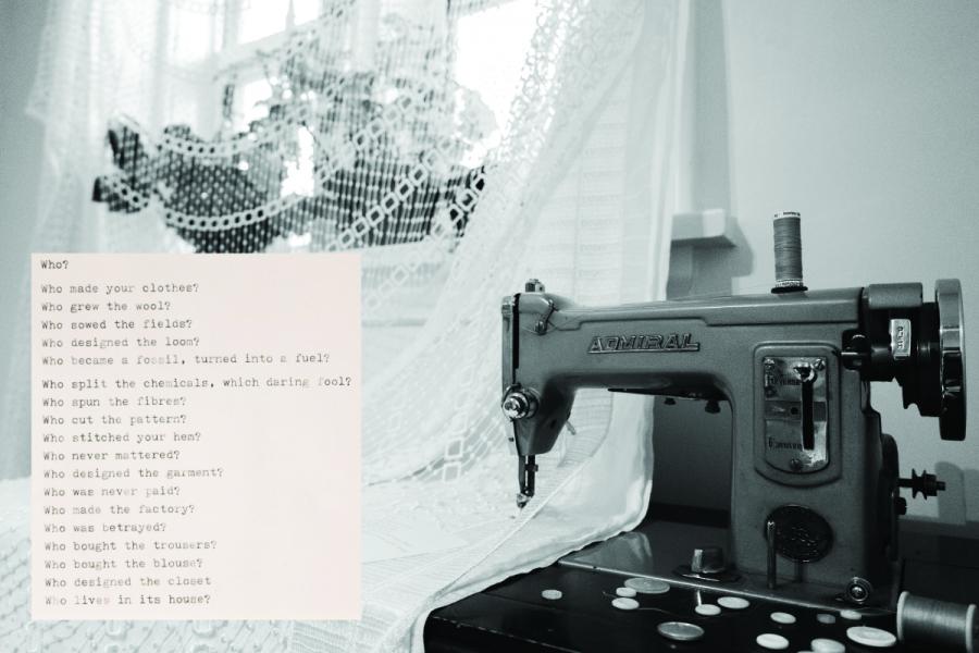 A vintage sewing machine sits near a window with lace curtains. Beside it, typed text poses questions about clothing origins, creating a reflective tone.
