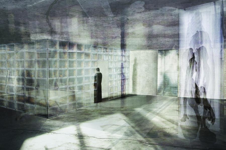 A dimly lit room with concrete floors and walls. A person stands near a transparent cubic wall. Shadows and hazy figures suggest a surreal atmosphere.