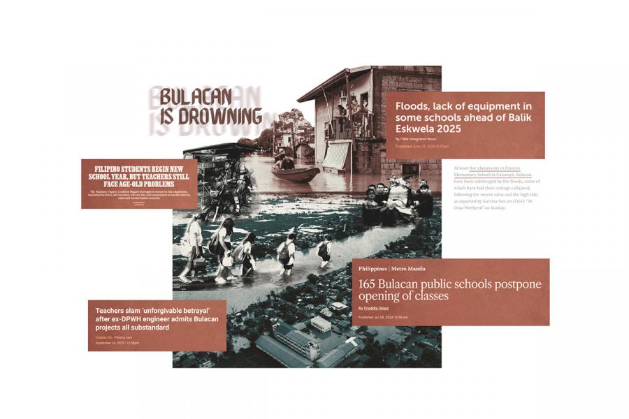 Collage titled "Bulacan is Drowning" featuring flood scenes in Bulacan. Text highlights issues with equipment and school openings, conveying urgency and crisis.