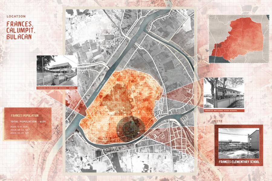 Map of Frances, Calumpit, Bulacan, highlighting a densely populated orange area. Insets show Frances Elementary and National High School, and a population breakdown.
