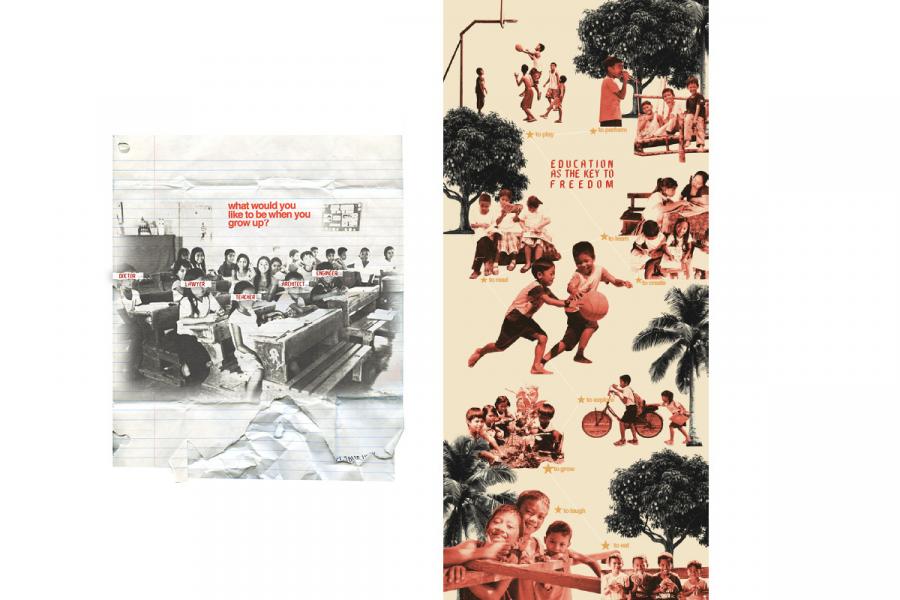 A black-and-white photo of children in a classroom on the left with text "What would you like to be when you grow up?" Overlay labels read "Doctor," "Teacher," "Scientist." On the right, various children playing, learning, and reading under trees. Text reads "Education is the key to freedom," conveying hope and aspiration.