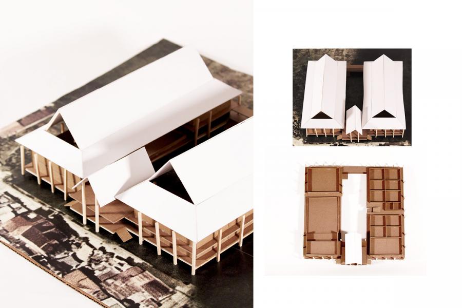 Architectural model of a modern building with angular white roofs shown from various angles. Features visible structural elements and geometric forms.
