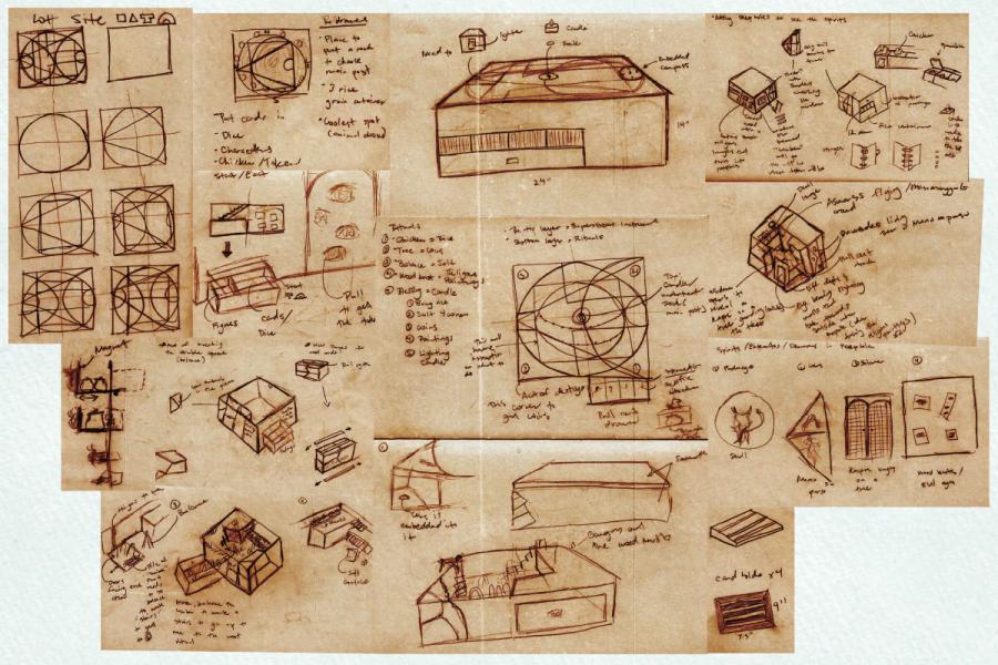 A collage of architectural sketches on brown paper, featuring geometric designs, building layouts, and handwritten notes, conveying a meticulous and creative planning process.
