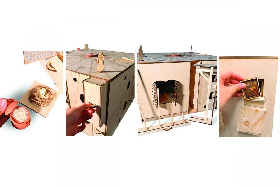 A wooden art puzzle in three panels shows intricate details: hands holding small pieces, an openable compartment, and detailed designs, conveying curiosity and craftsmanship.