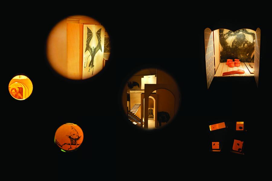 A series of circles on a dark background reveal warm-lit interiors with arches, abstract art, and small sculptures, evoking a mysterious, whimsical atmosphere.