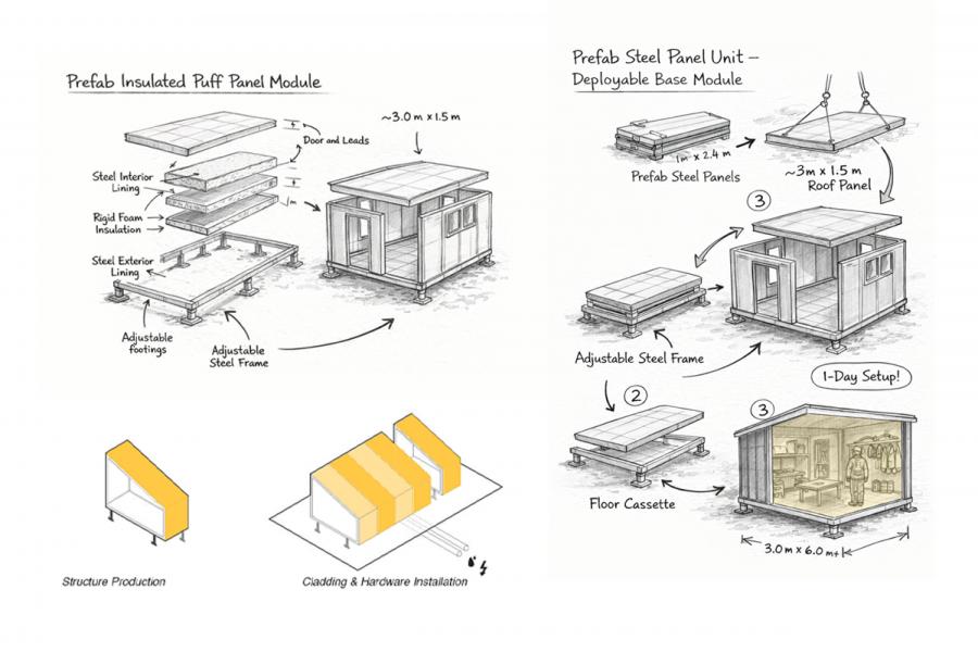 Diagram showing two prefab building modules. Left: Exploded view of insulated puff panel module with steel lining and insulation layers. Right: Steel panel unit assembly with labeled steps, adjustable frame, and interior. Text highlights quick setup and modular design.