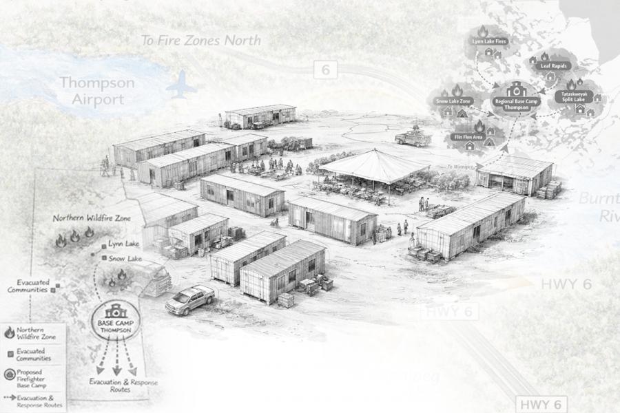 Illustrated aerial view of a base camp with rectangular buildings and a central tent. Nearby map shows the location amidst wildfire zones and highways.