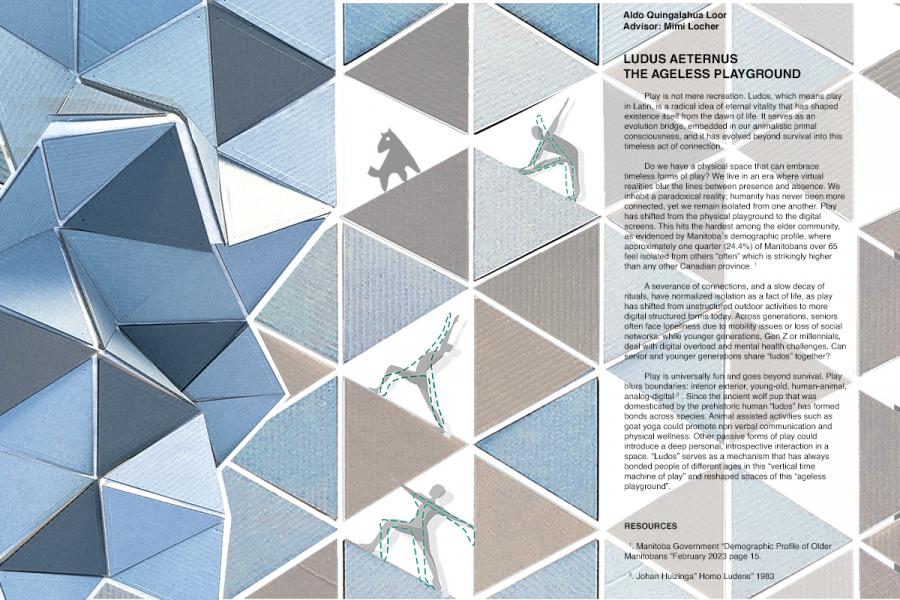 A geometric collage of blue and gray triangular shapes forms a textured background. Overlaid are silhouettes of figures in playful poses, with accompanying text titled "Ludus Aeternus: The Ageless Playground." The text discusses the concept of play in human history and its persistent role. The overall tone is conceptual and thought-provoking.