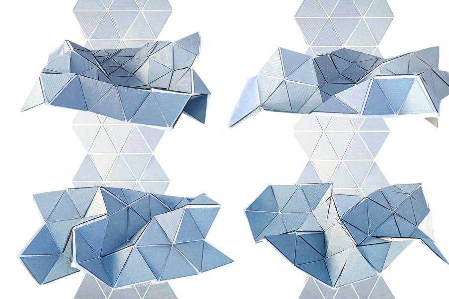 Four abstract structures made of blue and gray triangular panels, arranged in varied formations against a white background. Geometric and modern.