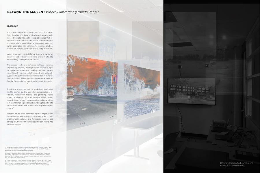 A split-image collage features a dual-toned design with text on the left about filmmaking in white, abstract visuals in the center with vivid orange and blue hues, and a darkened room with screens on the right. The tone is creative and professional. Keywords: filmmaking, abstract, dual-tone, creative.