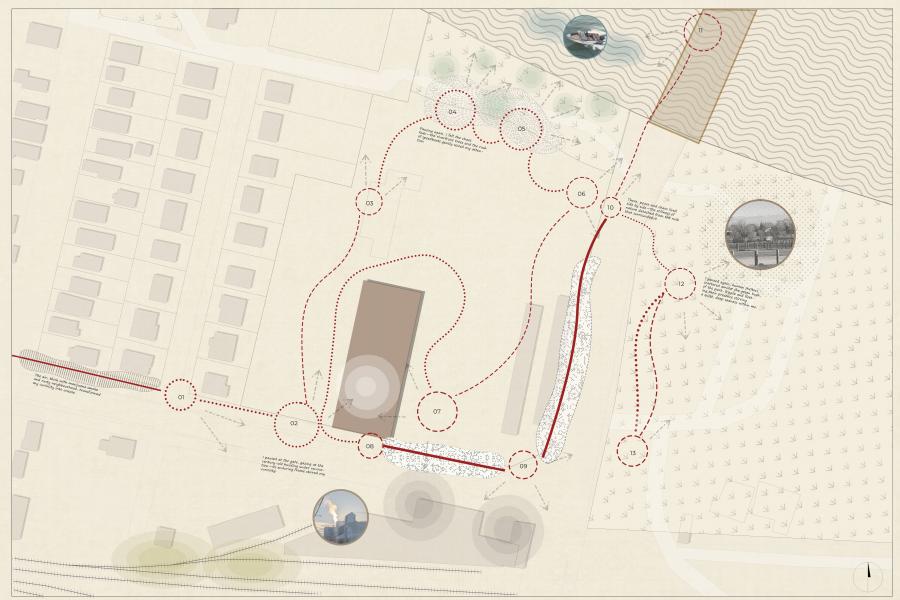 A beige map features red dotted lines forming a curved path with circular nodes. Rectangular buildings and a grid of small squares in the background suggest urban planning. Three circular photos display scenic landscapes, housing, and industrial areas, adding context. The tone is informative and schematic.