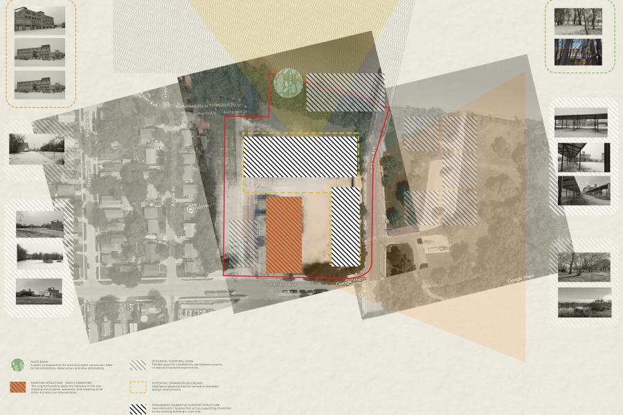 Overlaid geometric shapes in muted colors sit on an aerial map. Black-and-white photos border the map, creating a vintage architectural theme.