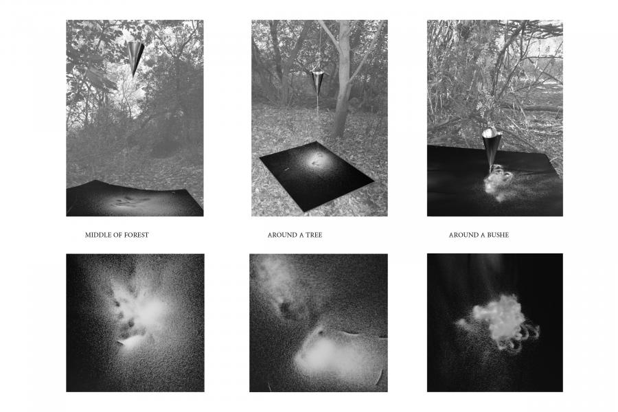 Black and white collage of six images. Each top image shows a forest setting with a cone object above a textured surface, labeled "Middle of Forest," "Around a Tree," and "Around a Bushes." Below are close-ups of ethereal, mist-like patterns. Mysterious and surreal tone.