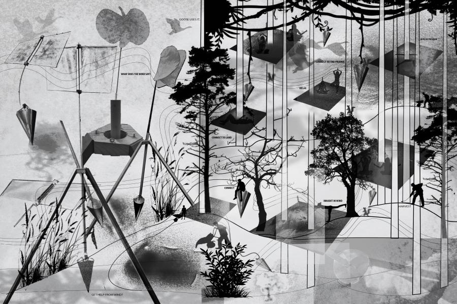 Abstract black-and-white collage with trees, geometric shapes, and silhouettes of people. It conveys a surreal, dreamlike atmosphere.